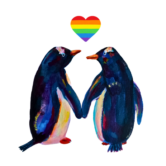 A cute penguin couple with a rainbow heart, LGBTQ+ couple, pride sticker.