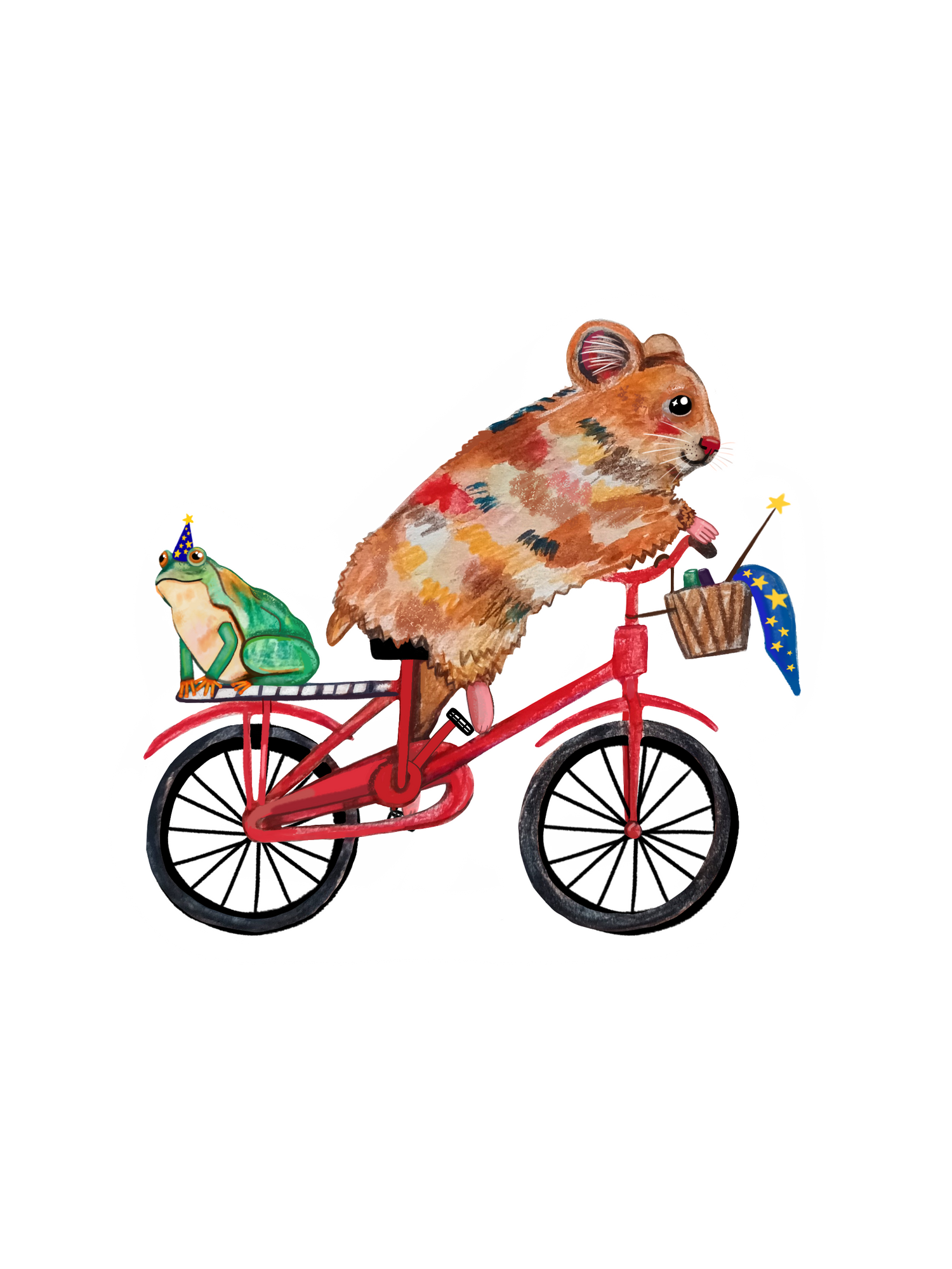 Hamster on a red bicycle with a frog passenger, on a white background