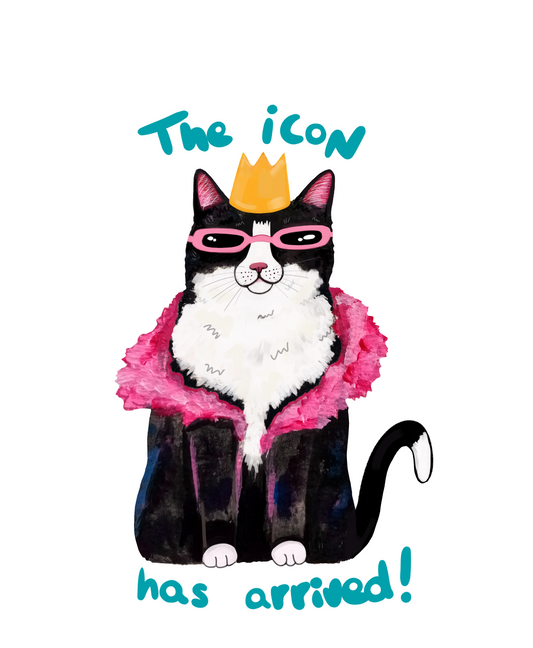 Illustration of a cat wearing sunglasses and a pink jacket with text 'The icon has arrived!' on a white background.