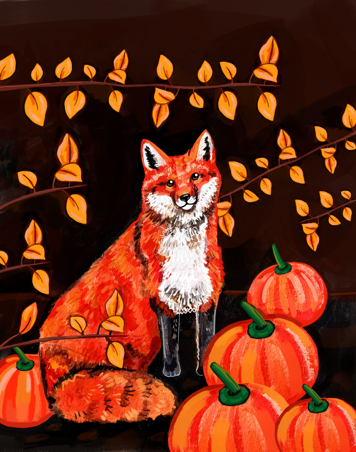 Fox surrounded by pumpkins and autumn leaves on a dark background as a postcard