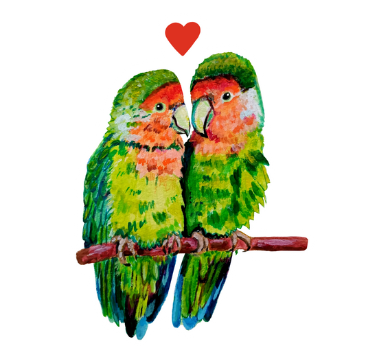 Romantic full-body parrots in love sticker, hand-drawn illustration, waterproof vinyl decal