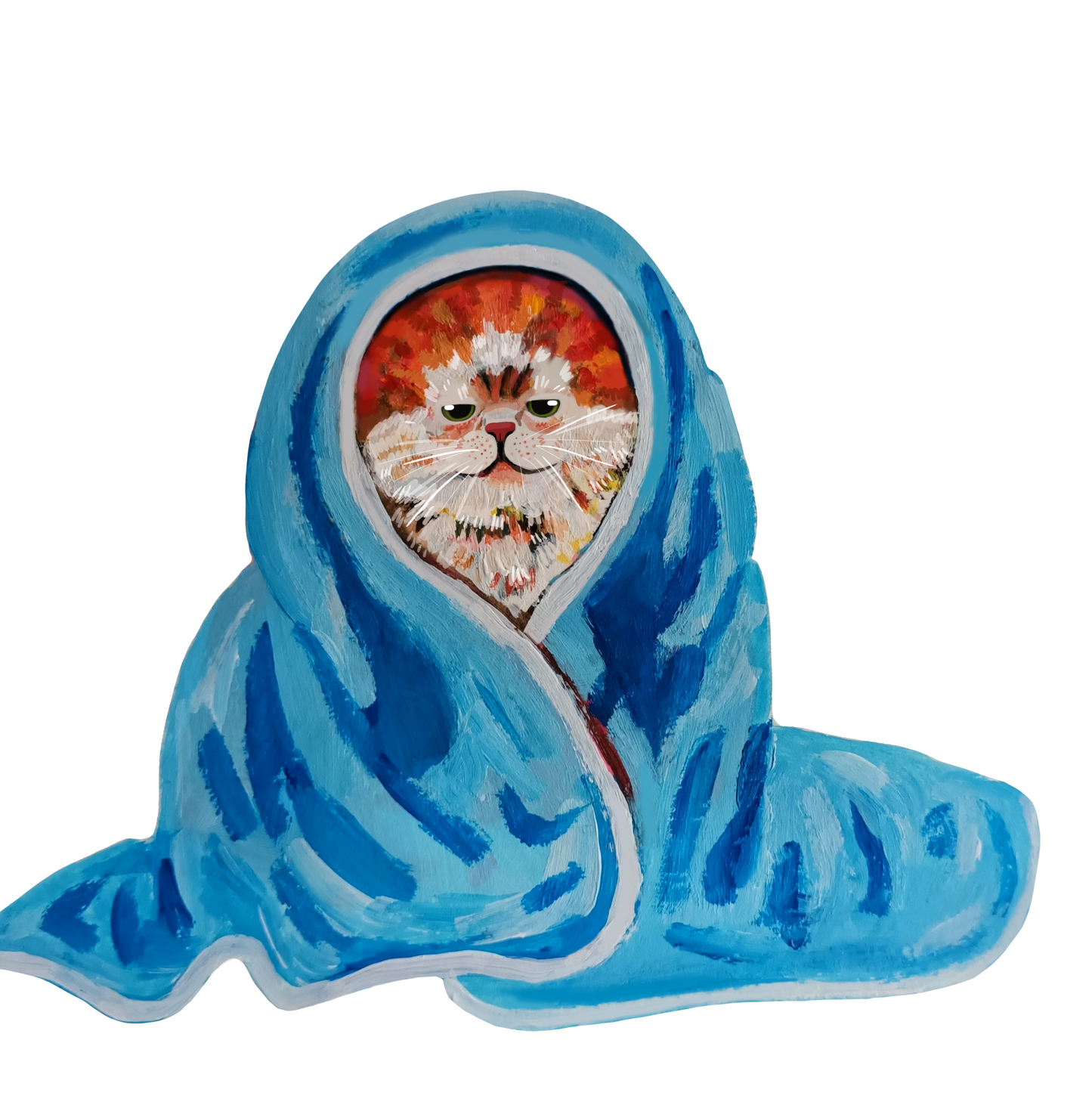 Tired cat wrapped in a blanket sticker, cute hand-drawn illustration, waterproof vinyl decal