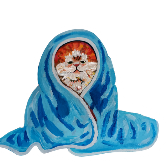 Tired cat wrapped in a blanket sticker, cute hand-drawn illustration, waterproof vinyl decal