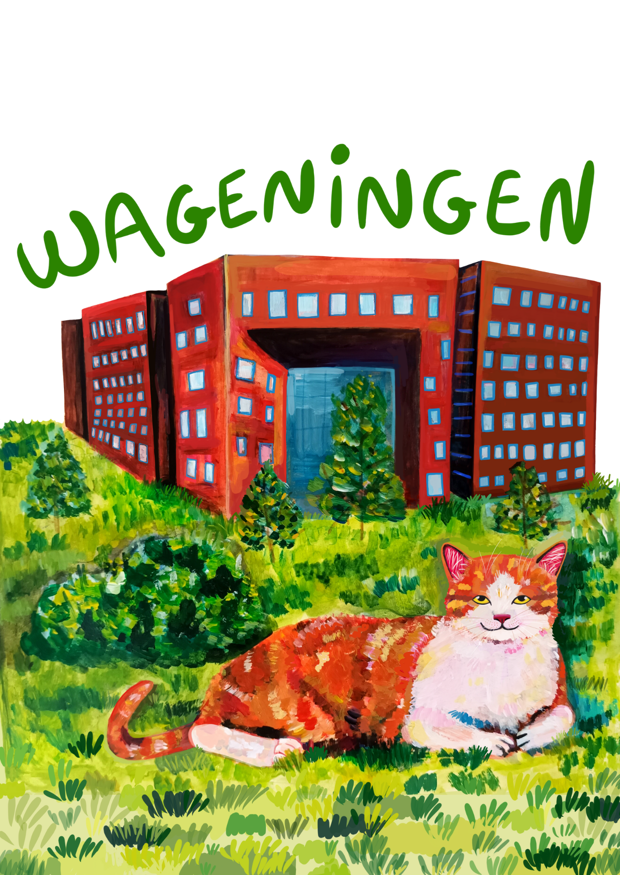Hand-painted Wageningen postcard with a cute orange cat – eco-friendly and perfect for sending or collecting.