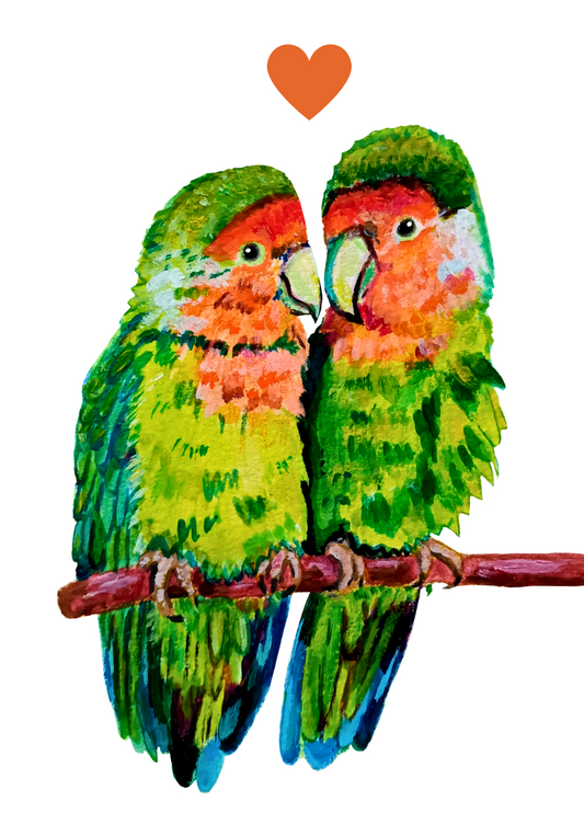 Handmade postcard featuring a colorful illustration of two parrots in love, snuggling together, high-quality vibrant art card