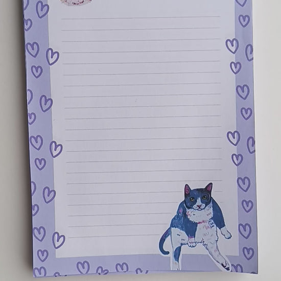 Sassy and cute cat-themed notepad in blue-purple tones, available in 30 or 50 pages, eco-friendly paper with sturdy cardboard backing video