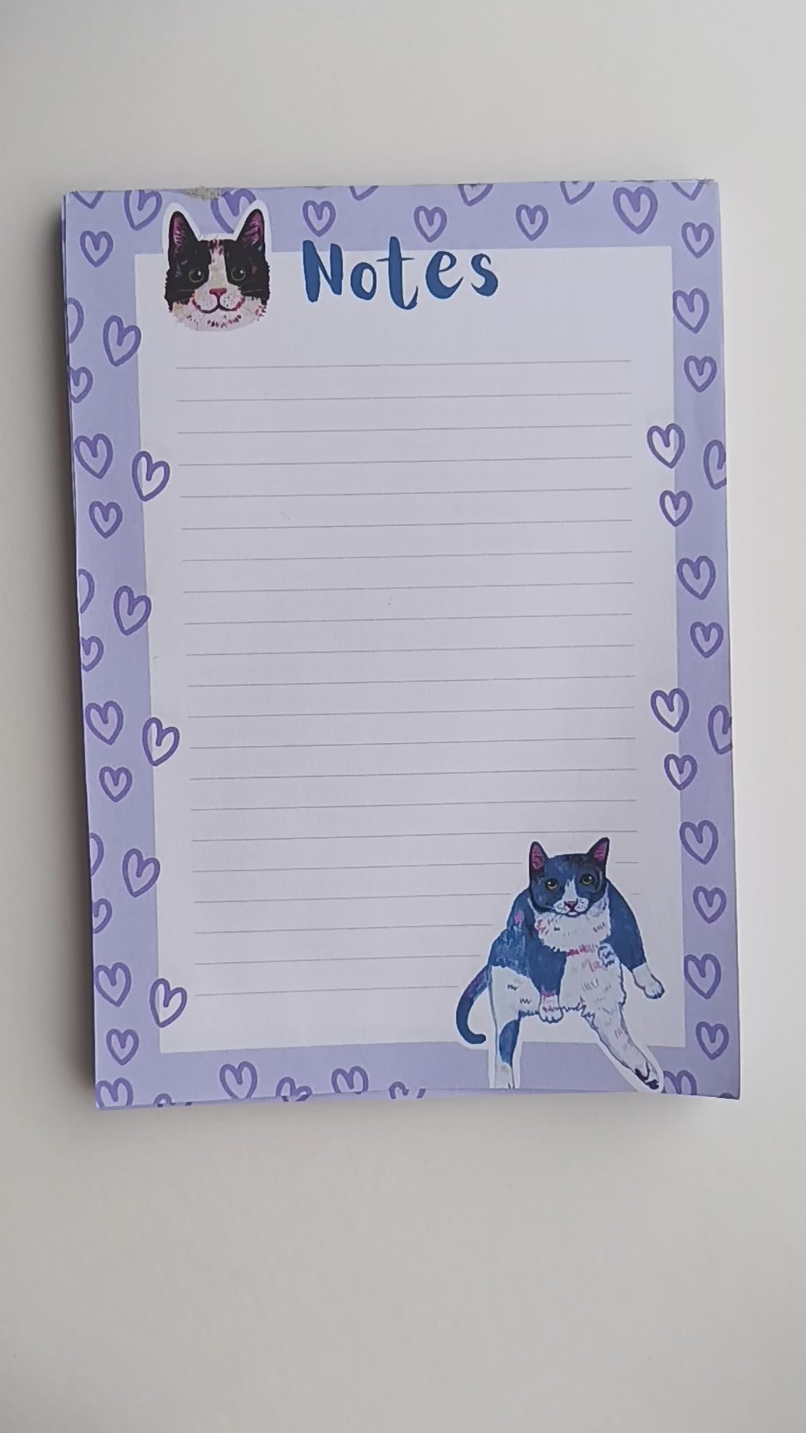 Sassy and cute cat-themed notepad in blue-purple tones, available in 30 or 50 pages, eco-friendly paper with sturdy cardboard backing video